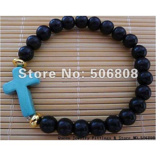 Black Stone & Blue Howlite Cross Bracelets, Handmade Stretch Beaded Jewelry Bracelets 15PCS/LOT
