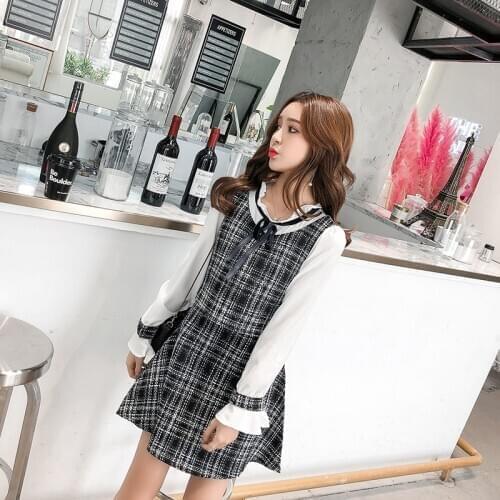 COIGARSAM Fashion Plaid Women dress New Spring Full Sleeve Dresses Black 2513
