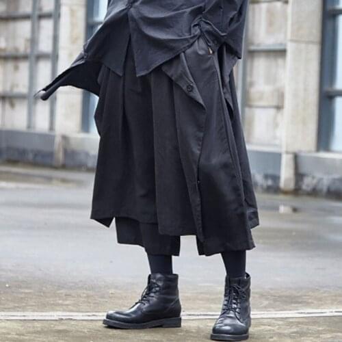 Homens dois estilo usar solto casual calças de perna larga calças saia masculino japão streetwear hip hop punk gótico harem quim