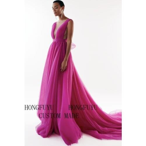 Hongfuyu Elegant Tulle Evening Dress V Neck Shoulder Floor Length Prom Gowns Long Party Dress Custom Made