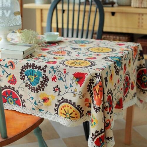 Classical Cotton Linen Tablecloths Rectangle Sunflower Printing Table Cloth with Lace Dustproof Table Covers for Wedding Home