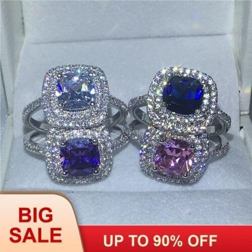 4 Colors Gems Anniversary wedding band ring for women cushion cut 3ct 5A zircon crystal Silver color Bijoux