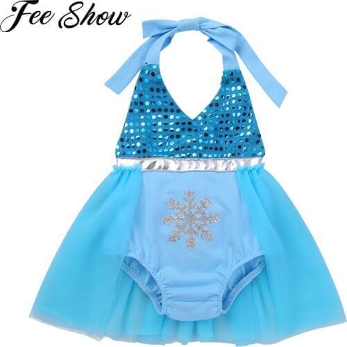 Newest Newborns Baby Girls Clothing Halter Sequins V-neckline Snow Flake Romper Dress for Halloween Cosplay Party Costume