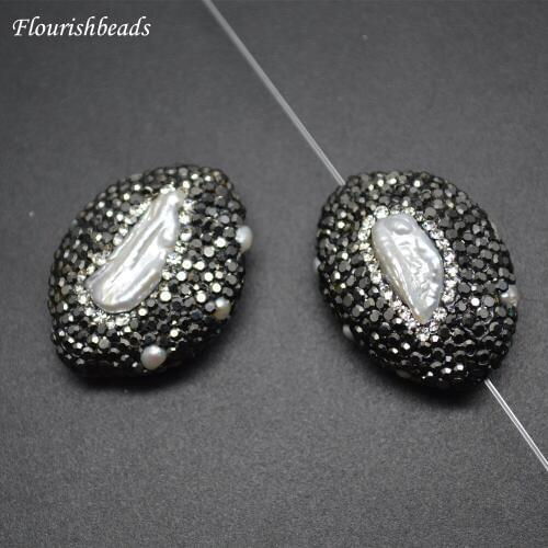 Paved Black Crystal Natural White Pearl Freeform Nuggest Oval Shape Stone Loose Beads Fit Fashion Necklace Jewelry Making