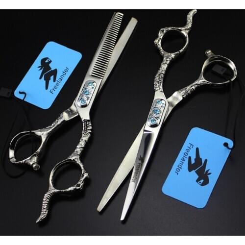 "Square Gemstone Personality Hair Clipper Flat Cut Tooth Scissors 6.0 Inch Sheep Head Handle Blue Stainless Steel Type Size"
