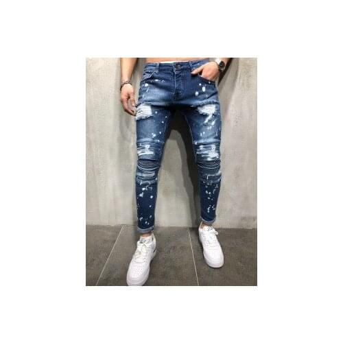 Cross-border Mens Jeans European American Trade Holes Mens Jeans Stretch Slim Fold Spray Paint Pencil Pants /40
