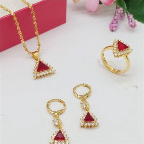 Triangle Jewelry Set Yellow Gold Filled Elegant Women Pendant Earrings Ring Gift