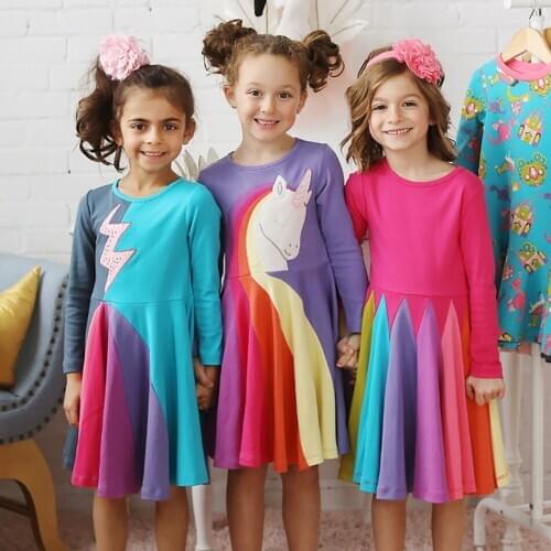 Baby Girls Clothes Fashion Rainbow Short Sleeve Cotton Color Block Cute Party Dresses for Kids Princess Girls Dress