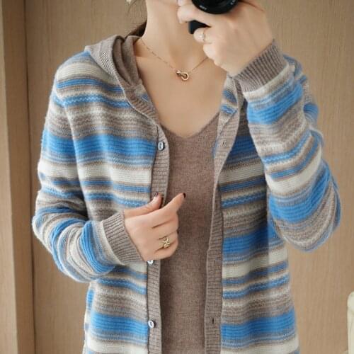 Autumn and winter new style hooded cashmere cardigan womens wool knit sweater striped sweater coat women
