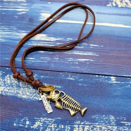 NIUYITID Fish Bone Pendant Necklace For Women Men Genuine Leather Necklace Boy Gift 2018 Fashion Jewellery Drop Shipping