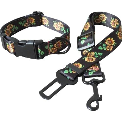 Sunflower Printed Dog Collar Leash Car Safety Seat Belt for Small Medium Puppy Leads Rope Soft Pet Supplies Accessories