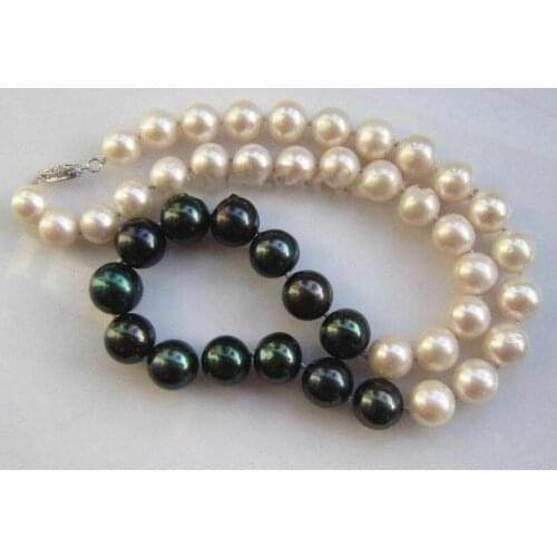 Stunning Aaa 9-10mm Natural Black With White Pearl Necklace 18" 36"