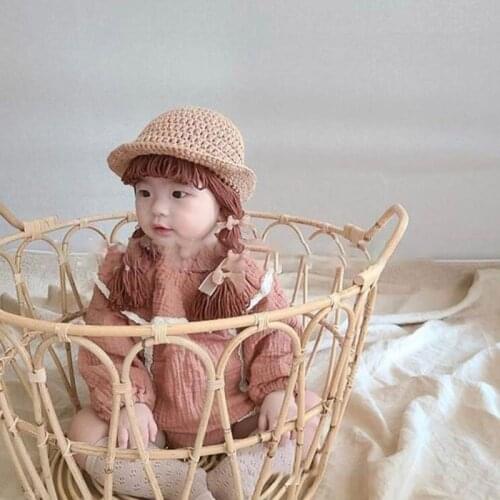 Autumn Winter Handmade Knit Baby Wig Bowknot Hat Newborn Wigs Brades Crochet Cap U7EE