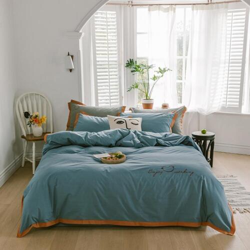 Blue Bedding Sets Embroidery Bed Set Washed Cotton Bedding Winter Thicken Bed Linen Double Bed Rounded Sheet Pillowcases