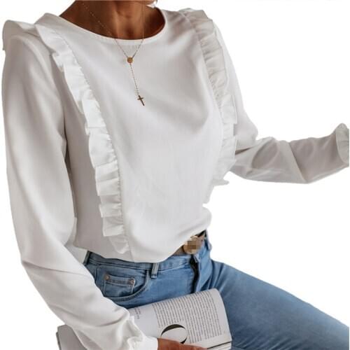 FY Female Shirt Solid Color Women Ruffle Round Neck Long Sleeve Blouse Tops for Women Streetwear Tunic Tops Blusa Mujer