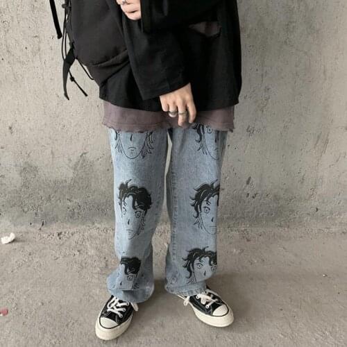 QWEEK Korean Streetwear Anime Print Women Jeans Hip Hop Vintage Denim Pants Punk Harajuku Oversize Wide Leg Trousers For Female