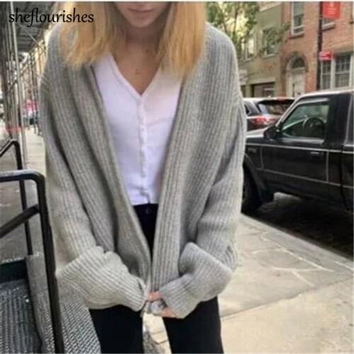 Knitted sweater women long sleeve cardigan vintage hooded sweater spring oversized sweater zipper korean cardigan gray 2021