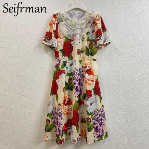 Seifrmann New 2021 Summer Women Fashion Runway Midi Dress Short Sleeve Gorgeous Ruffles Beading Floral Print Dresses Vestidos