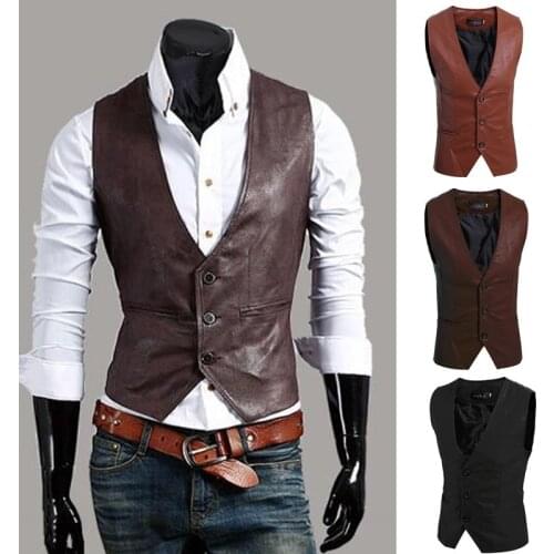 New men jacket leather slim fit large size vest simple fashion business Sleeveless Waistcoat Button Coats Casual Tops Clothing
