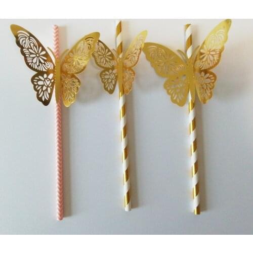 Gold Pink Striped Paper Straws and 3D Butterfly Decor for Romantic Wedding Party Decoration DIY Birthday Baby Shower Supplies