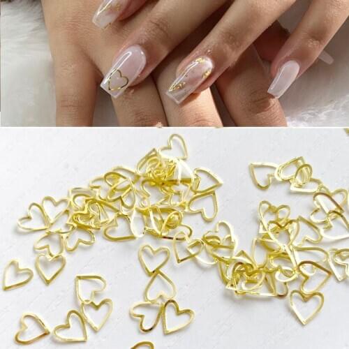 100pcs gold love heart Nail Decals Metal hollow Heart Shape Ultra-thin 3D Manicure Nail Art Decoration Accessories 2021 newest