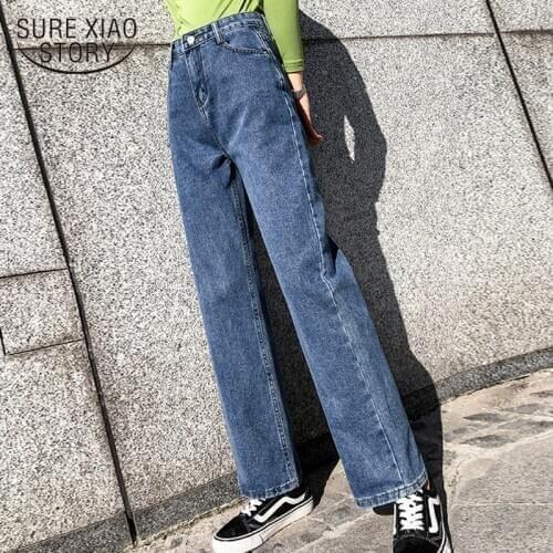 2020 Loose Vintage High Waist Cotton Jeans Womens Clothing Wide Leg Jeans Pants Women Spring Dark Blue Casual Trousers 8346 50