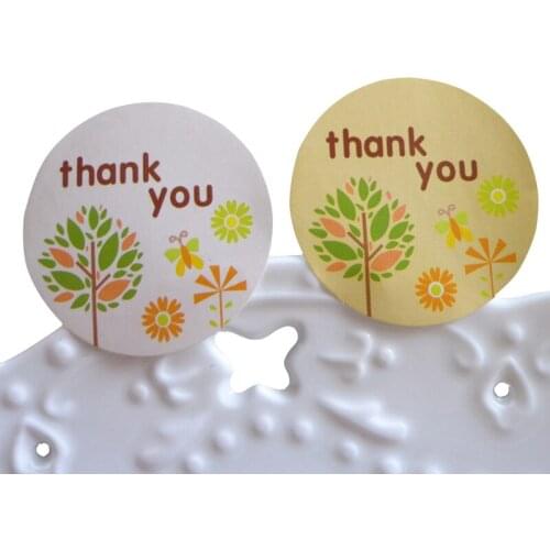 Free shipping 1200pcs/lot Cute Kraft Paper Small Tree With Round Thank You For Cake Packaging Good Quality Christmas Stickers