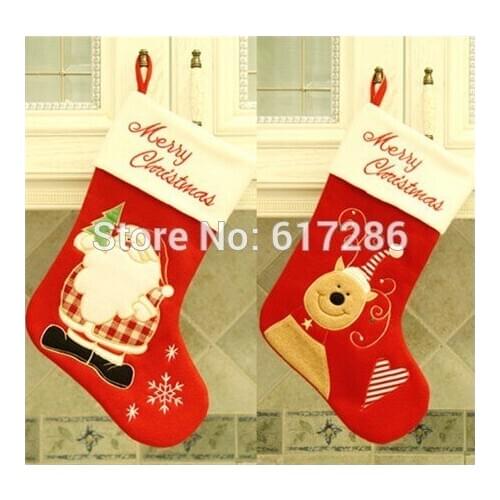 Free shipping! 2pcs/lot New Santa Claus and Reindeer Christmas Stocking 18" Red Fleece Stocking Christmas Indoor Decoration Gift