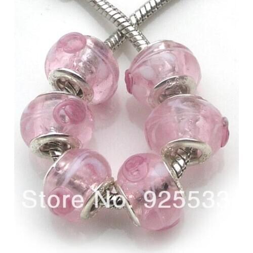 Free shipping 8x14mm 50pcs/ot silver plated core light pink glass big hole beads fit European bracelet DIY
