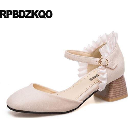 Beige Thick Suede Ankle Strap Square Toe 11 43 Medium Heels Ladies Cute Pumps Lolita Fashion Shoes Plus Size 33 Kawaii 10 42