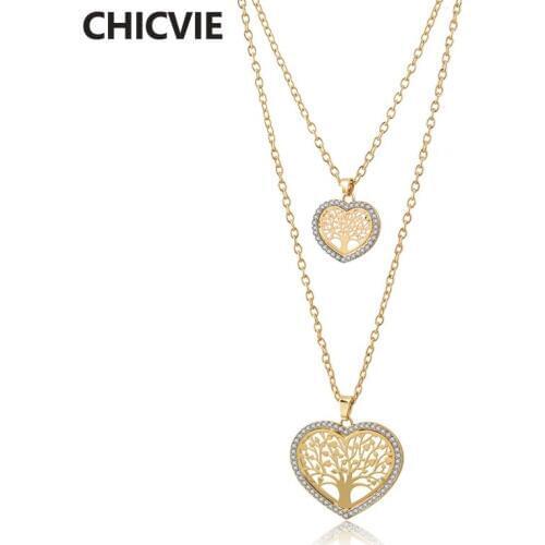 CHICVIE Gold Heart Shape Tree Of Life Layered Necklace Pendants Jewelry Thin Chain Statement Stainless Steel Necklaces SNE180063