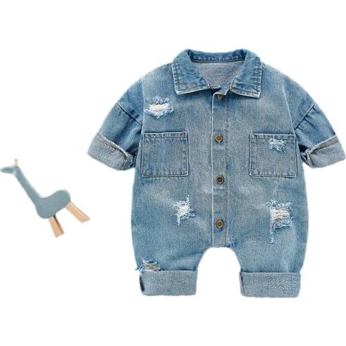 Toddler Babies Casual Autumn Cotton Simple Style Romper Blue Long Sleeve Button-down Jumpsuit with Broken Holes