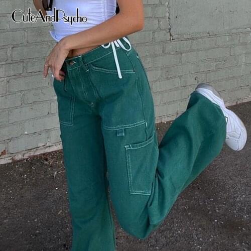 Streetwear Joggers Straight Jeans Women Casual High Waisted Cute Pockets Trousers Fashion Green Denim Sweatpants Cuteandpsycho