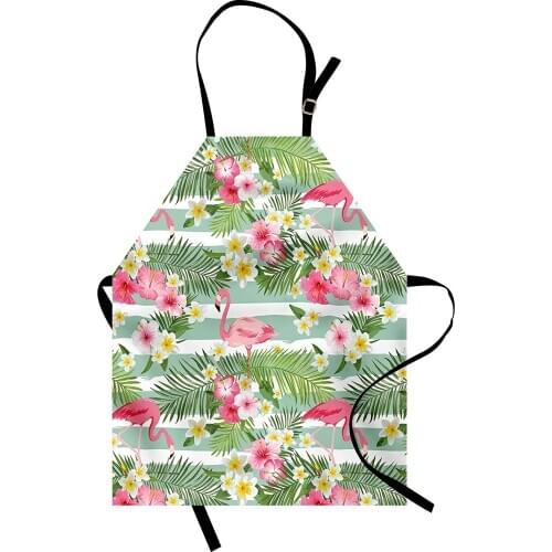 Flamingo Apron Flamingos with Exotic Hawaiian Leaves Flowers on Striped Vintage Background Women Men Kids Kitchen Pinafore