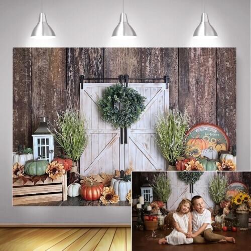 Little Pumpkin Birthday Photography Backdrop Photo Studio Autumn Harvest Pumpkin Halloween Background Wreath Retro Door Decor
