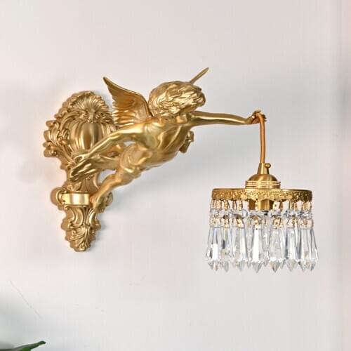 French Style Copper Angel Medieval Living Room Bedroom Study American Light Luxury Crystal Wall Lamp