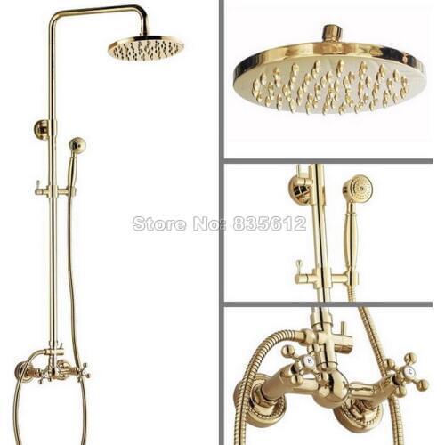 Gold Color Brass Bathroom 8" inch Round Shower Head Rain Shower Faucet Set with Hand Spray + Dual Handle Mixer tap Wgf322