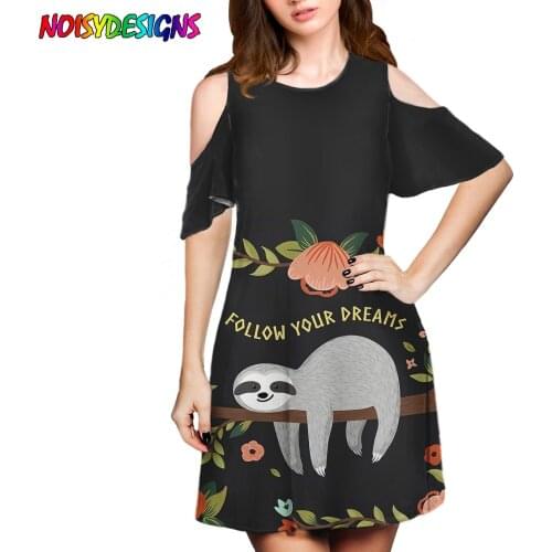 NOISYDESIGNS Newest Summer O-Neck Short Sleeve Sloth Flower Print Dress Casual Ladies Cute Animal Print Floral Dress Vestidos