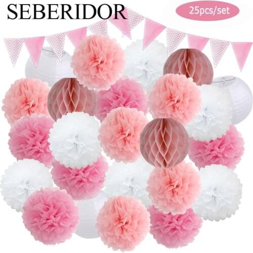 New DIY 25pcs/set Mi Primera Comunion Decor Pink hanging Paper Crafts Boy Girl Summer Party 20cm Green Pompom 8" White Lanterns