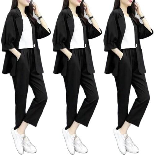 Single/Suit Plus Size Womens 2021 New Korean Loose And Thin Professional Casual Blazer+Elastic Waist Pant 3 Piece Suit Women