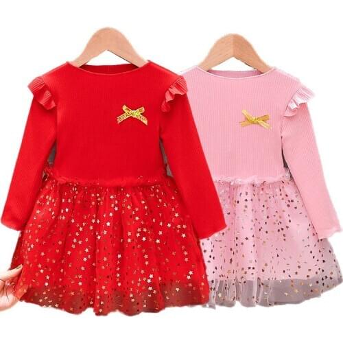 Girls Dress Long Sleeve Red Ball Dress Party Dress 1-5Y Girls Princess Dress Red Long Sleeve Dress