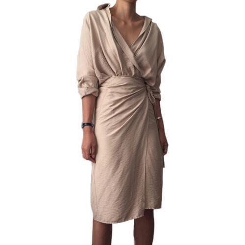 Vintage wrap shirt dress Women v neck front split tie waist dress Spring summer casual female dresses Elegant vestidos robe