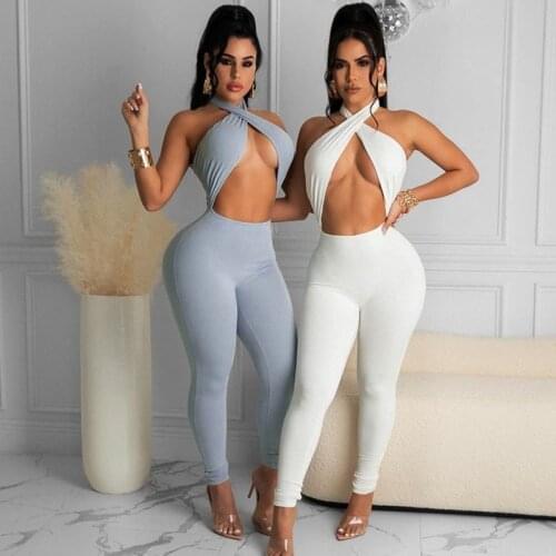 Sexy Halter Off Shoulder Jumpsuit Women Hollow Out Bodysuit Bodycon Summer Casual Fitness Rompers Summer Skinny Slim Outfits