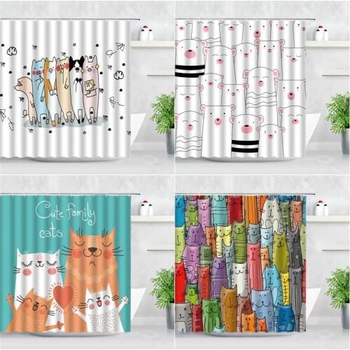 Cartoon Pattern Shower Curtain Set Cute Bear Pig Cat Animal Family 3D Printing Kids Children Bathroom Decor Cloth Bath Curtains