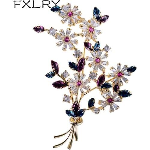 FXLRY High Quality Lovely Flower Brooch For Women Multicolor Zircon Crystal Brooch Sweater Coat Jewelry Accessories