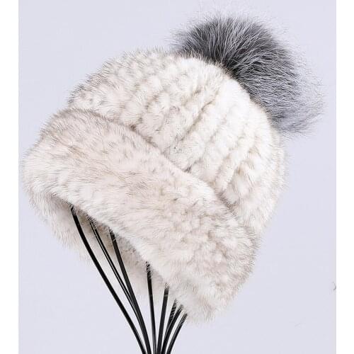 Womens Winter Mink Fur Knitted Hat Real Fur Beanie Caps With Fox Fur Ball Pom Poms