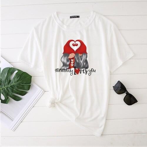 Seeyoushy Woman Tshirts Somebody Loves You Two Elves Printing Valentines Day Shirts for Women Casual Short Sleeve Summer Clothes