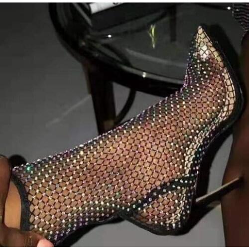 Summer Bling Bling Rhinestone Mesh Pointed toe Ankle Boots Stiletto High Heels Female Crystal Bottines Shoes sandals Boots