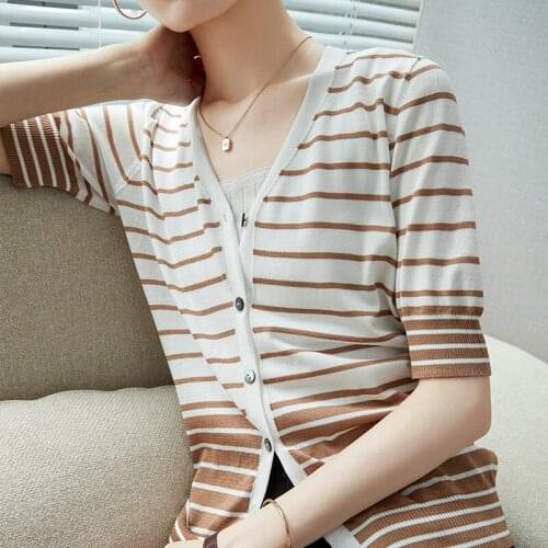 Cardigan Women Korean Short Sleeve Cardigan Summer Striped Cardigan Knitted V neck Thin Ice Silk Sweaters Sunscreen Shirt Tops