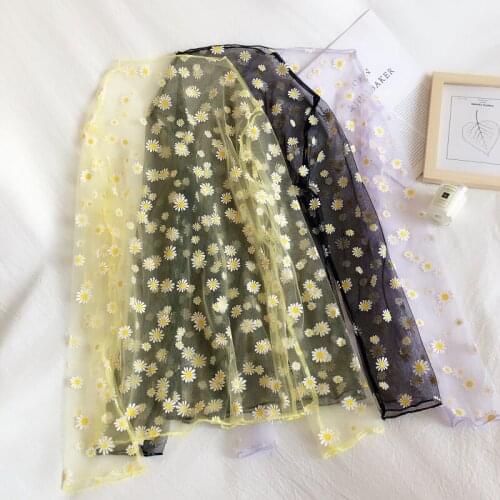 2020 Women Summer Mesh Gauze Pullover Ruffle Basic Shirt Lady Elastic Slim Embroidery Floral Chrysanthemum Lace Chic Blouse Tops